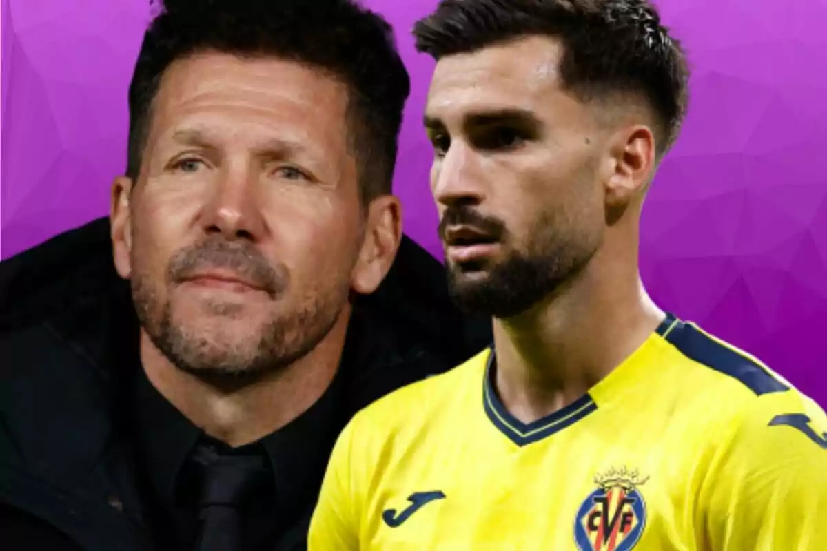 Dos hombres, uno con traje oscuro y otro con camiseta amarilla de un equipo de fútbol, sobre un fondo morado.